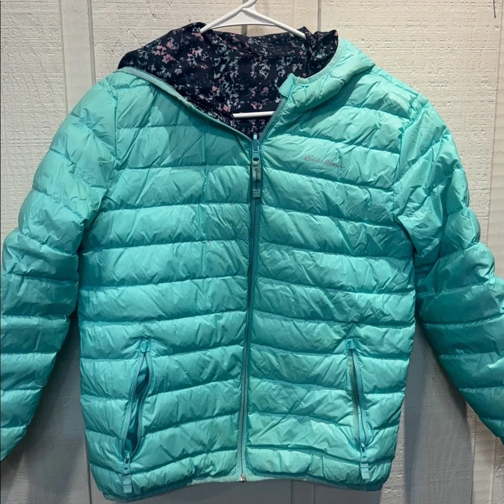 Eddie Bauer reversible navy print / aqua Hooded puffer Jacket 14/16 large kids
